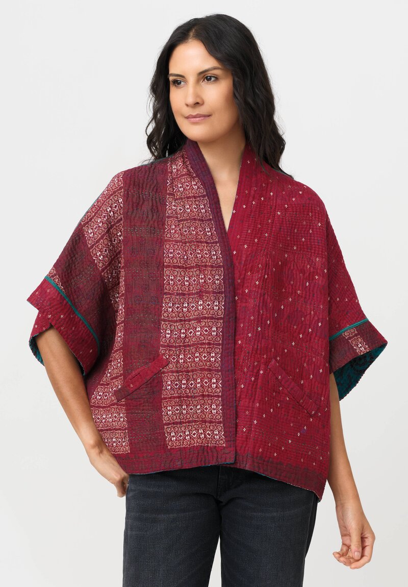 Mieko Mintz Vintage Cotton Kantha Mini Poncho in Red & White