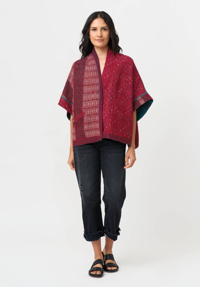 Mieko Mintz Vintage Cotton Kantha Mini Poncho in Red & White