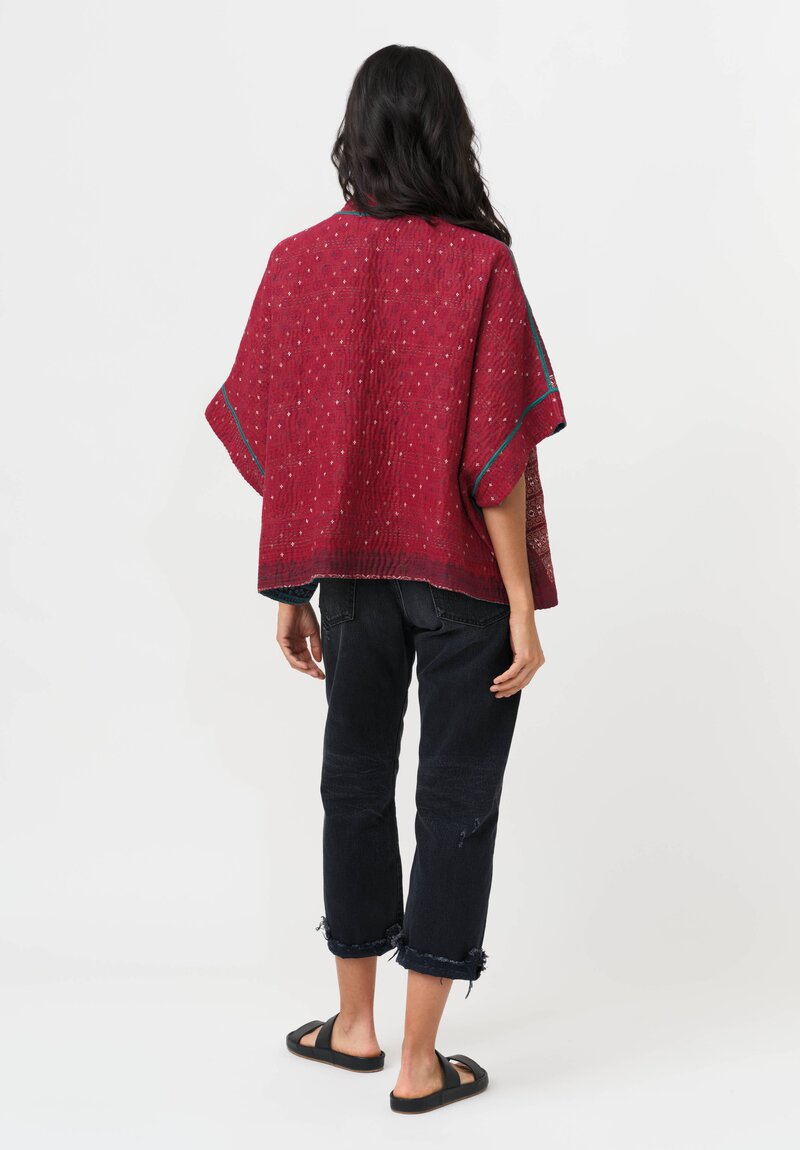 Mieko Mintz Vintage Cotton Kantha Mini Poncho in Red & White