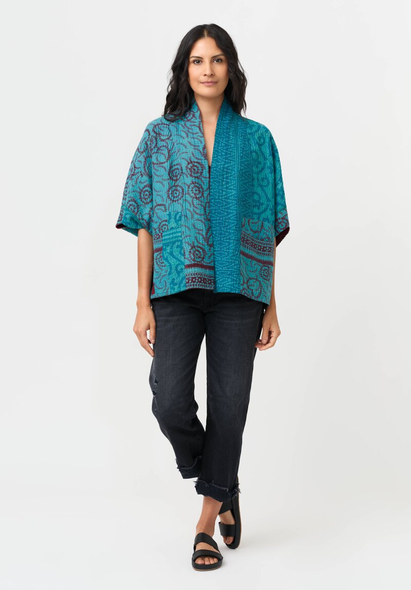 Mieko Mintz Vintage Cotton Kantha Mini Poncho in Red & White
