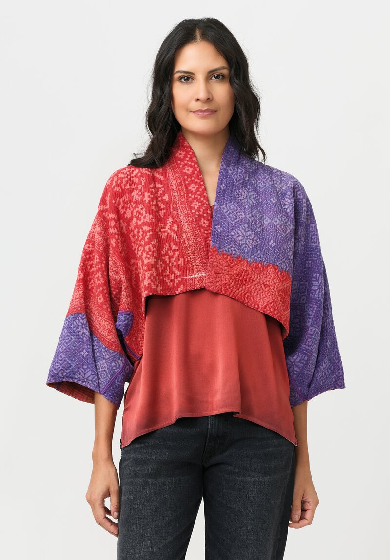 Mieko Mintz Overdyed Cotton Kantha Puff Sleeve Shrug in Orange & Plum