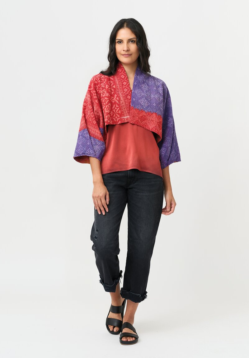 Mieko Mintz Overdyed Cotton Kantha Puff Sleeve Shrug in Orange & Plum