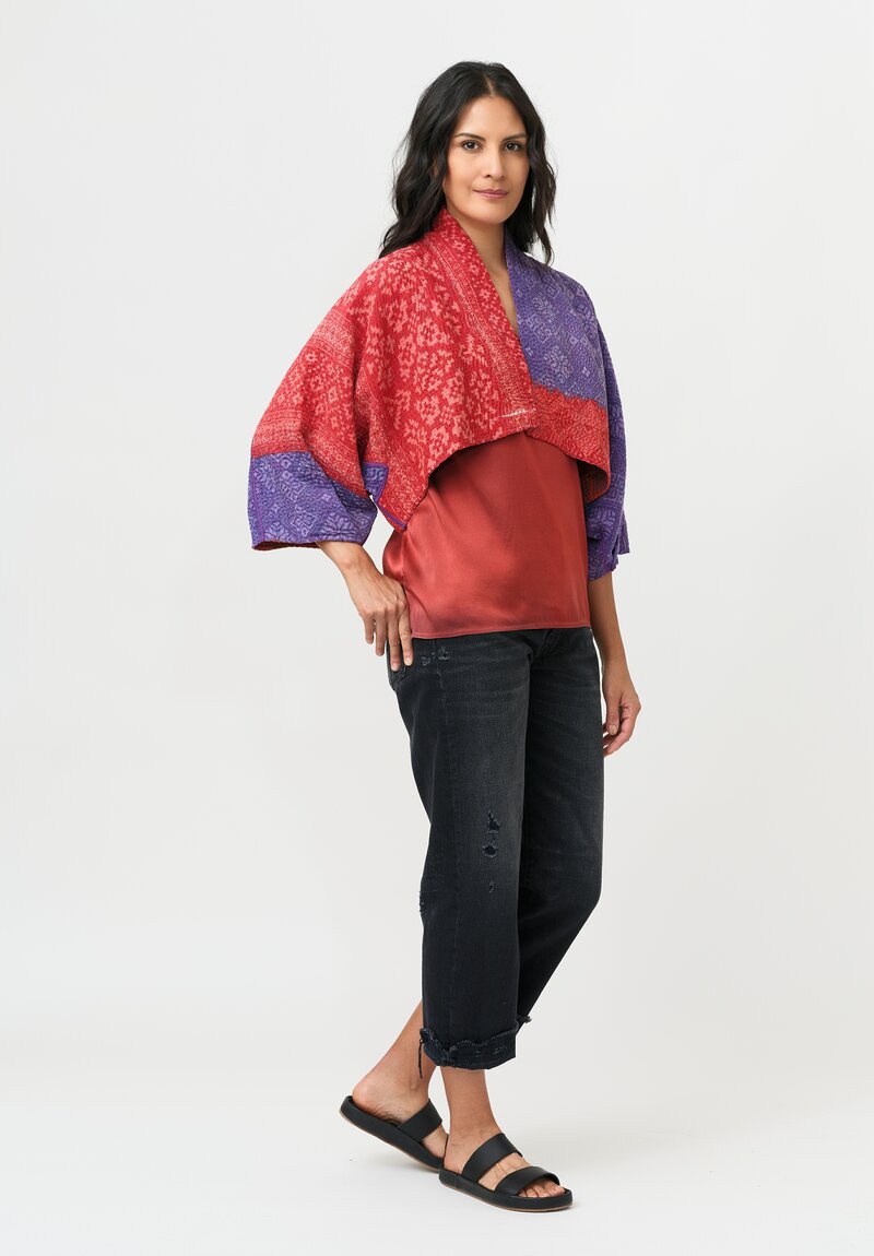 Mieko Mintz Overdyed Cotton Kantha Puff Sleeve Shrug in Orange & Plum