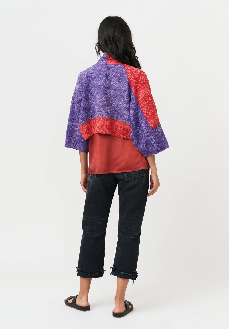 Mieko Mintz Overdyed Cotton Kantha Puff Sleeve Shrug in Orange & Plum
