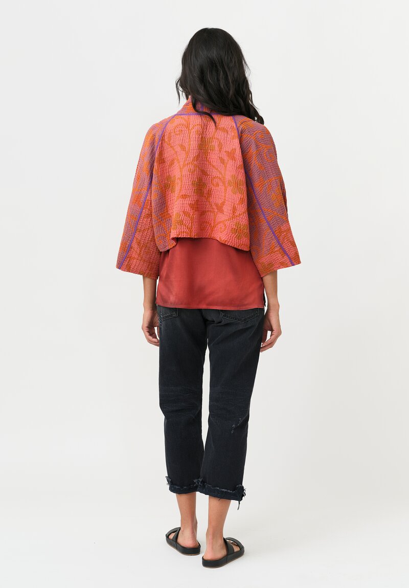 Mieko Mintz Overdyed Cotton Kantha Puff Sleeve Shrug in Orange & Plum