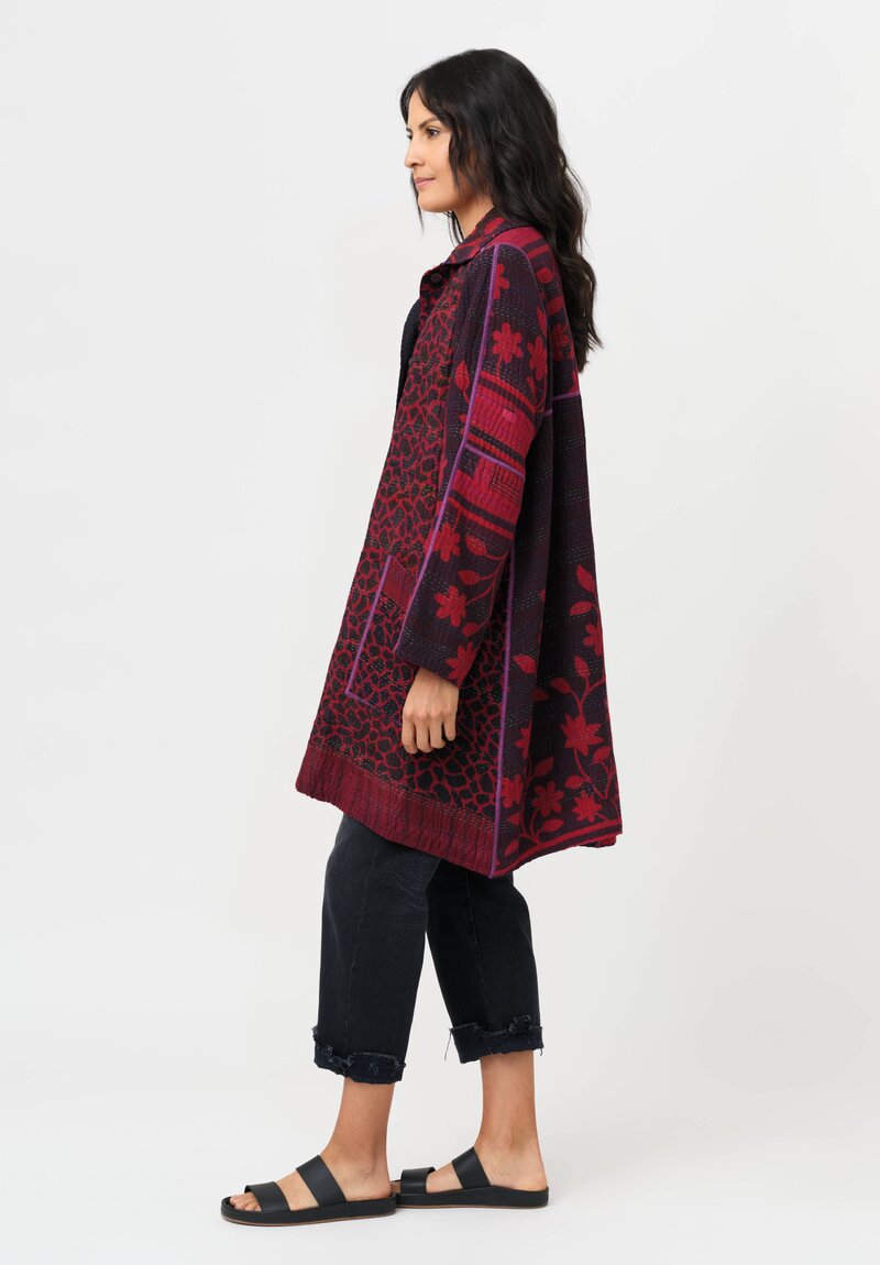 Mieko Mintz Overdyed Cotton Kantha A-Line Duster in Red, Black & Plum