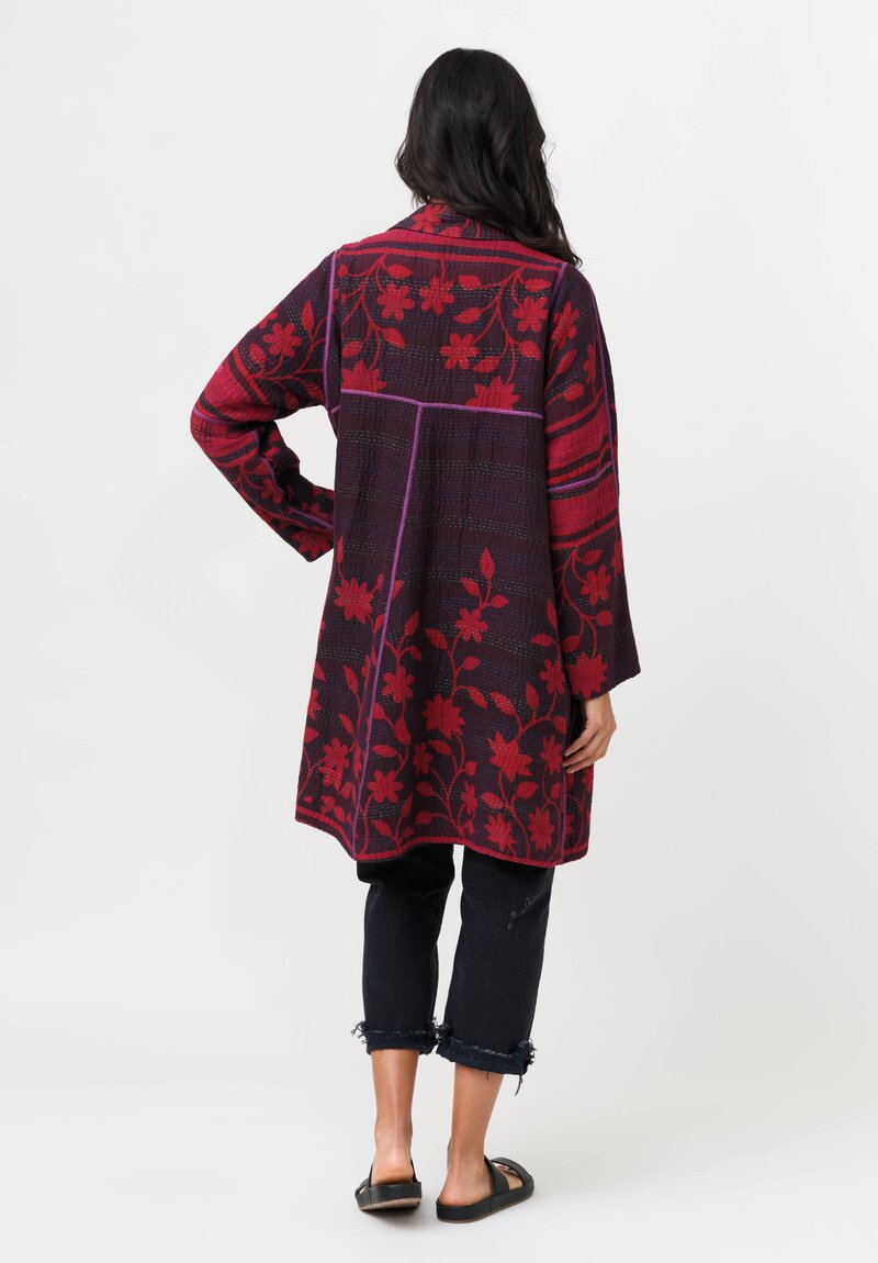 Mieko Mintz Overdyed Cotton Kantha A-Line Duster in Red, Black & Plum