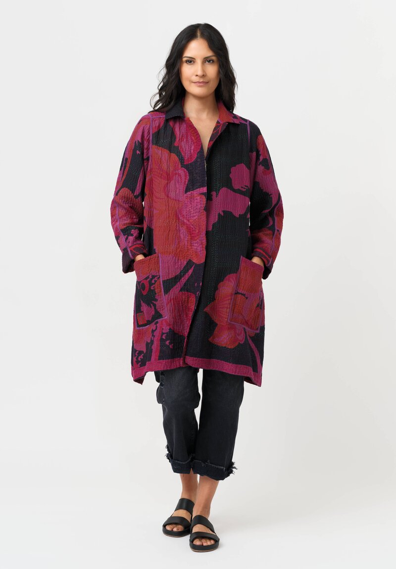 Mieko Mintz Overdyed Cotton Kantha A-Line Duster in Red, Black & Plum