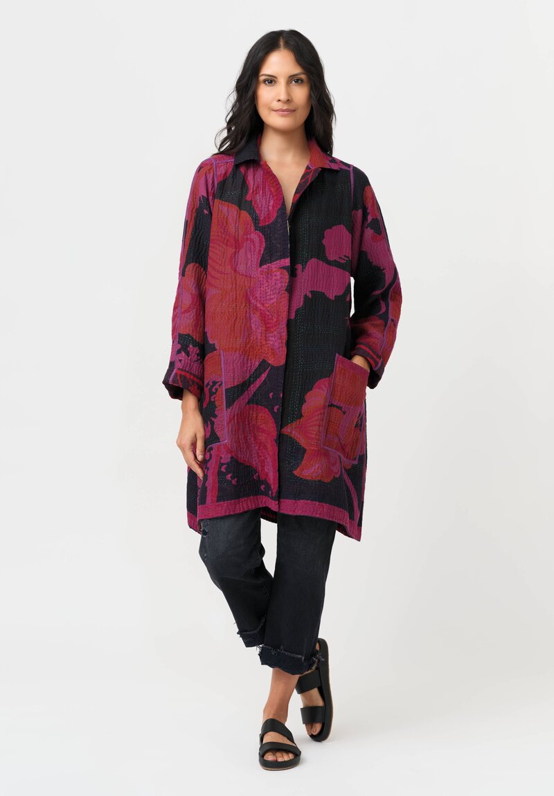 Mieko Mintz Overdyed Cotton Kantha A-Line Duster in Red, Black & Plum