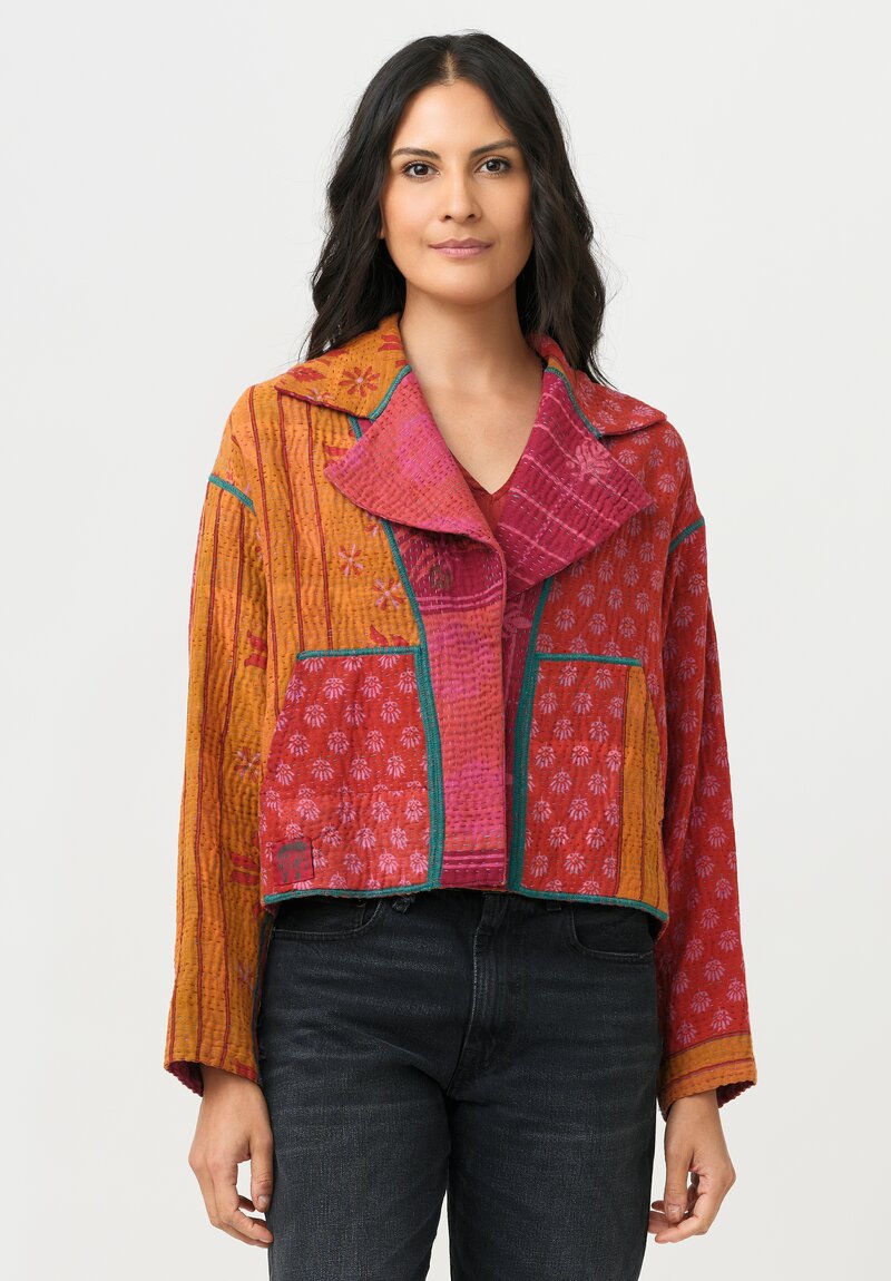 Mieko Mintz Overdyed Cotton Kantha Short Jacket in Pink, Red & Orange