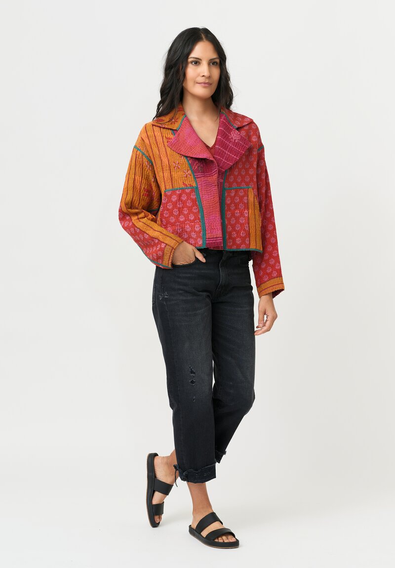 Mieko Mintz Overdyed Cotton Kantha Short Jacket in Pink, Red & Orange