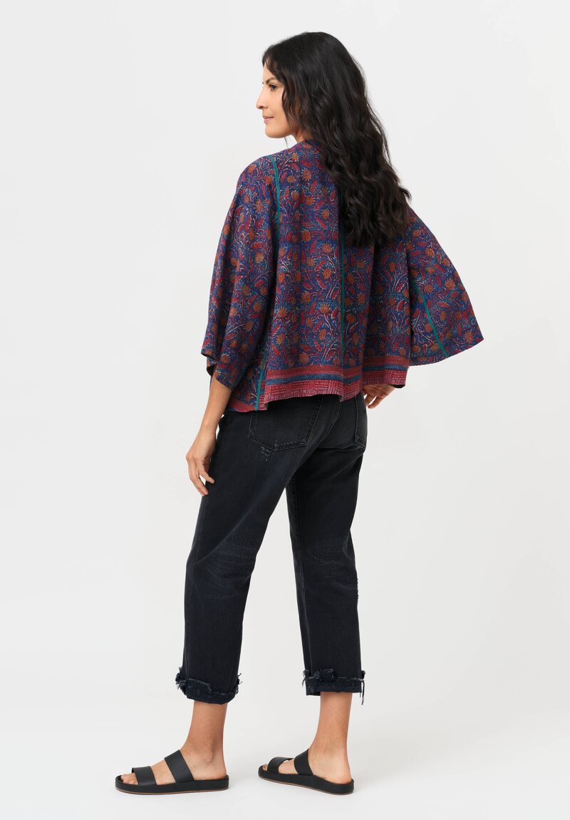 Mieko Mintz Vintage Silk Georgette Kantha Jacket in Red, Blue & Copper