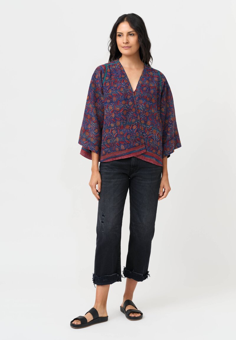 Mieko Mintz Vintage Silk Georgette Kantha Jacket in Red, Blue & Copper