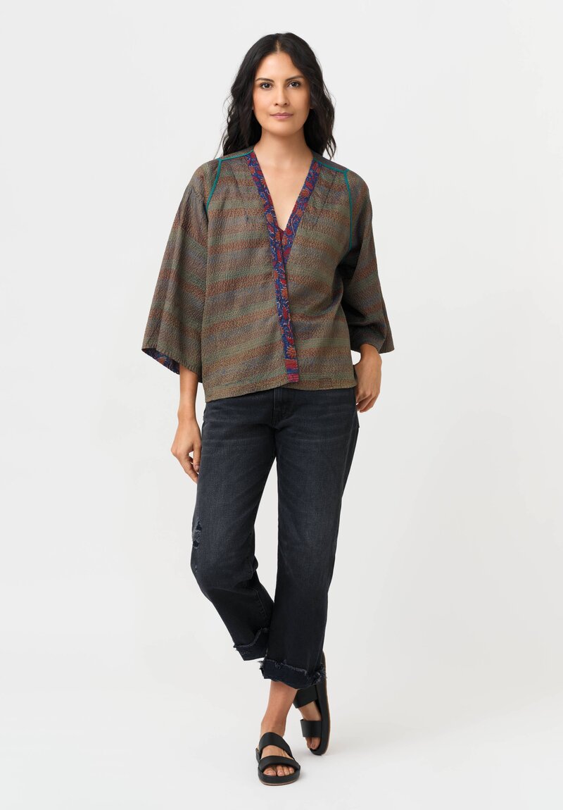 Mieko Mintz Vintage Silk Georgette Kantha Jacket in Red, Blue & Copper