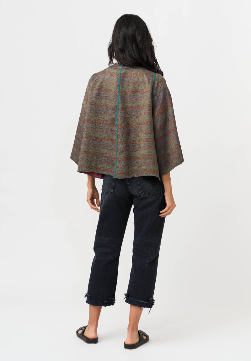Mieko Mintz Vintage Silk Georgette Kantha Jacket in Red, Blue & Copper