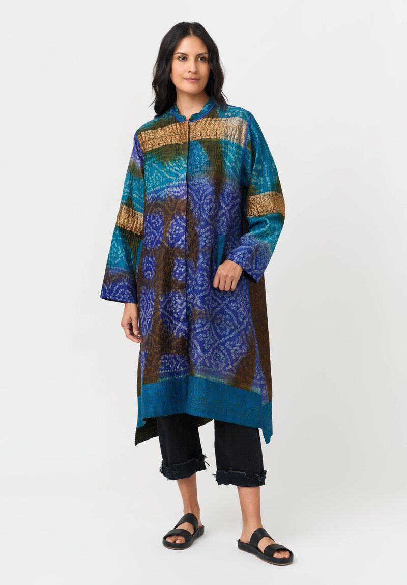 Mieko Mintz Vintage Silk Jacquard & Clamp Dyed Kantha Kaftan Coat in Teal, Gold & Plum