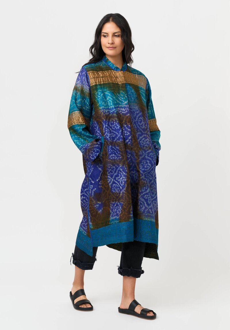 Mieko Mintz Vintage Silk Jacquard & Clamp Dyed Kantha Kaftan Coat in Teal, Gold & Plum