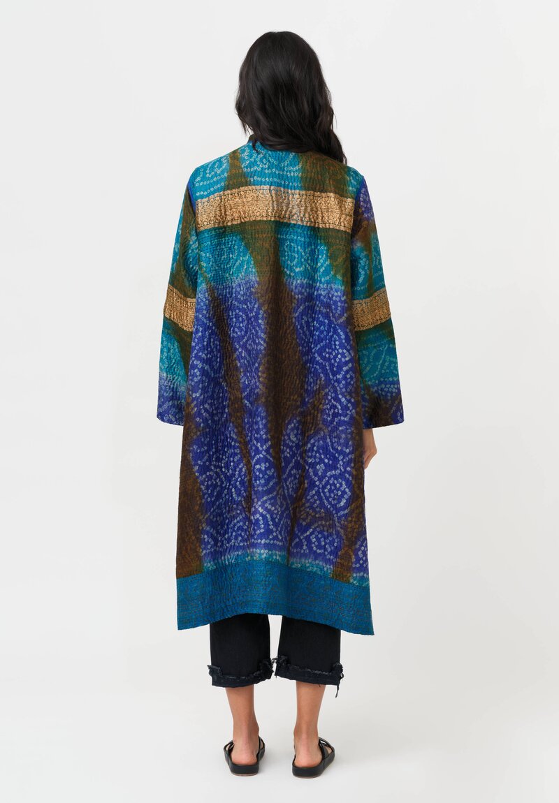 Mieko Mintz Vintage Silk Jacquard & Clamp Dyed Kantha Kaftan Coat in Teal, Gold & Plum
