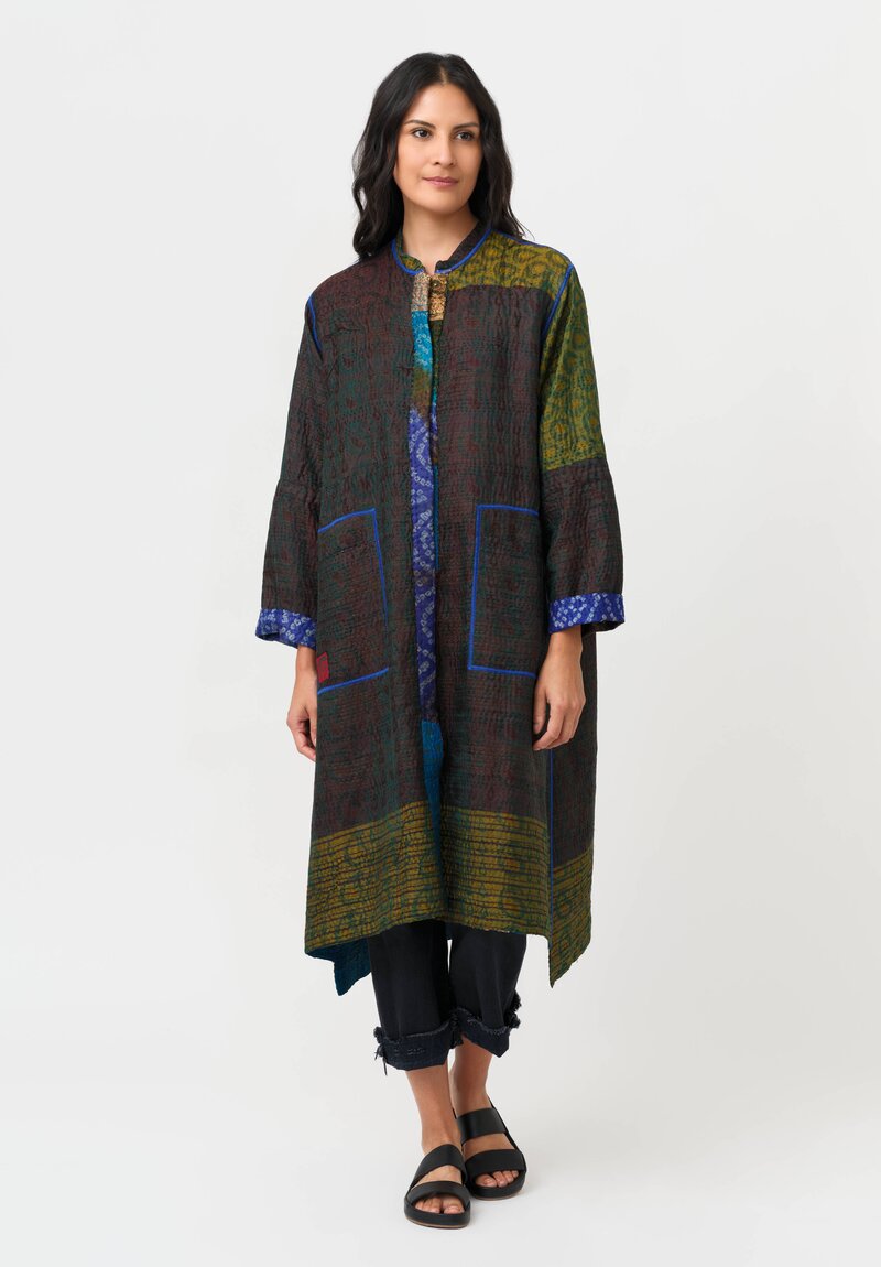 Mieko Mintz Vintage Silk Jacquard & Clamp Dyed Kantha Kaftan Coat in Teal, Gold & Plum