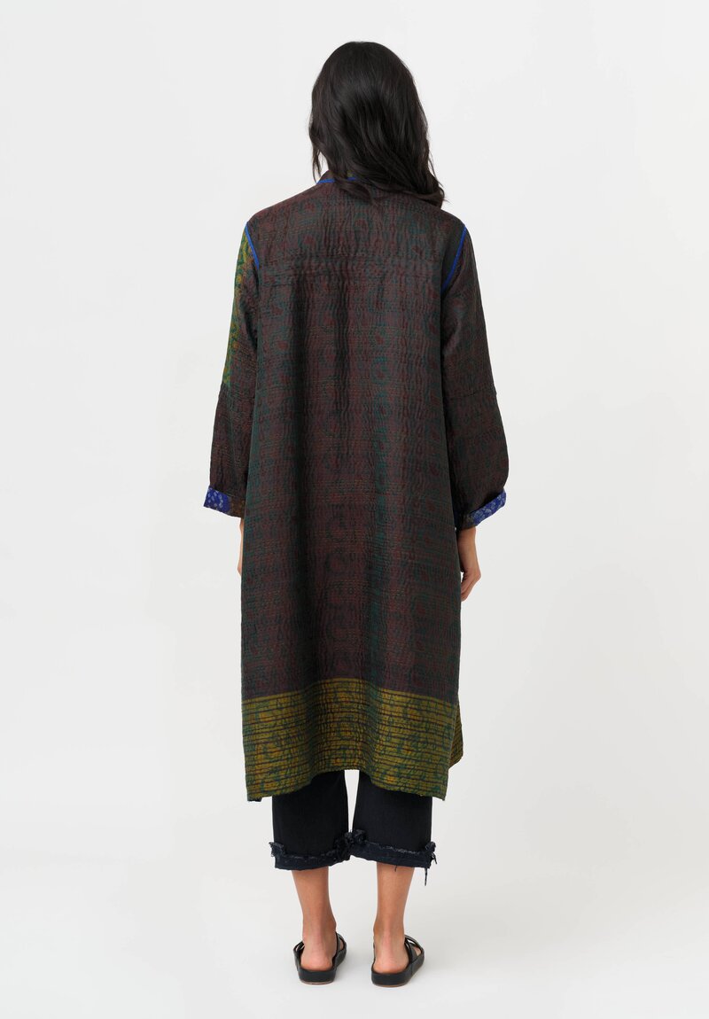 Mieko Mintz Vintage Silk Jacquard & Clamp Dyed Kantha Kaftan Coat in Teal, Gold & Plum