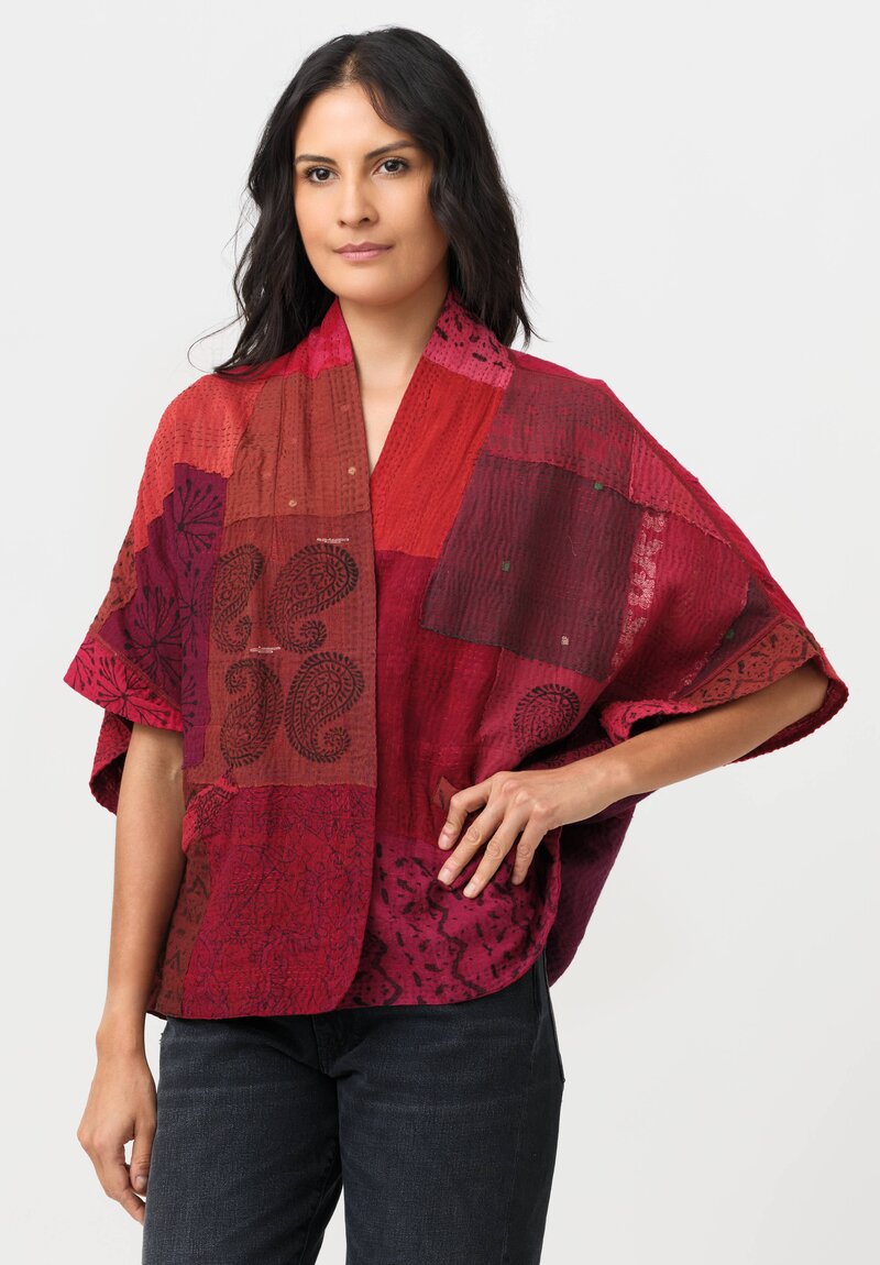 Mieko Mintz Frayed Patch Kantha Mini Poncho Jacket in Coral, Red & Plum