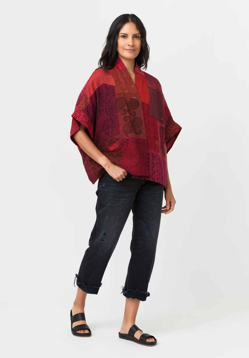 Mieko Mintz Frayed Patch Kantha Mini Poncho Jacket in Coral, Red & Plum