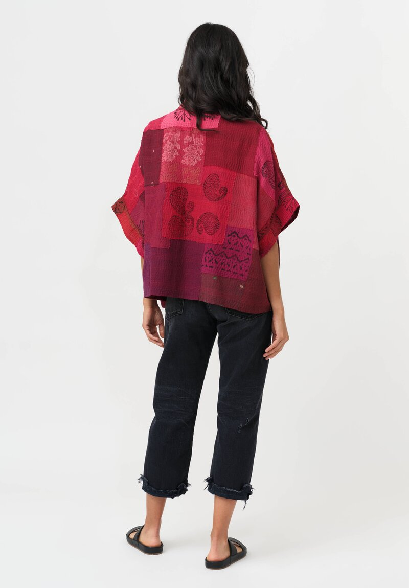 Mieko Mintz Frayed Patch Kantha Mini Poncho Jacket in Coral, Red & Plum