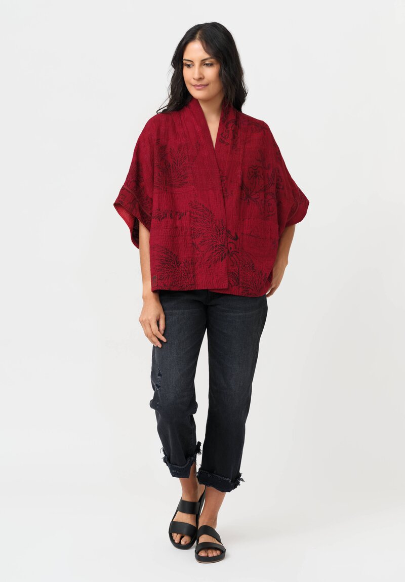 Mieko Mintz Frayed Patch Kantha Mini Poncho Jacket in Coral, Red & Plum