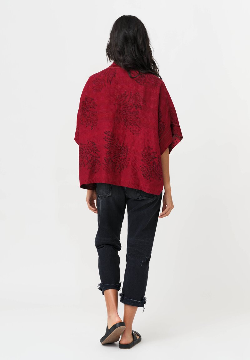 Mieko Mintz Frayed Patch Kantha Mini Poncho Jacket in Coral, Red & Plum