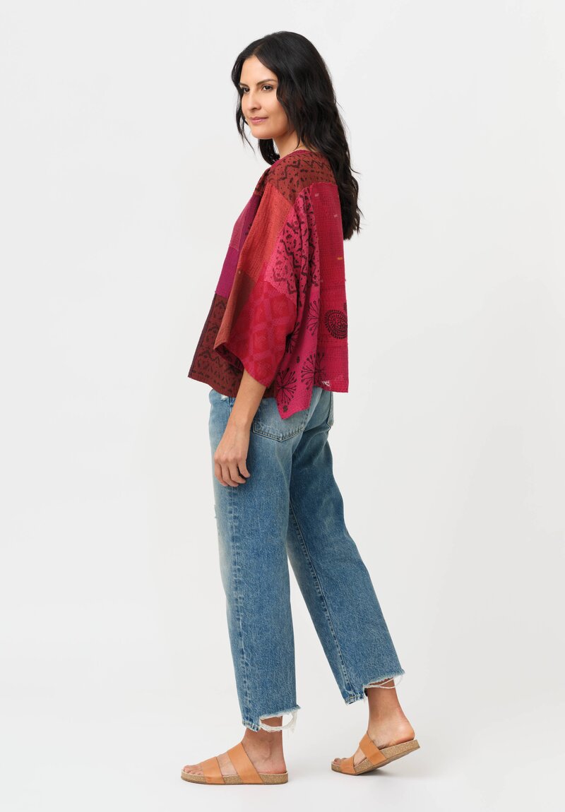 Mieko Mintz Mio Cotton Frayed Patch Kantha Crop Top in Rose, Pink & Plum