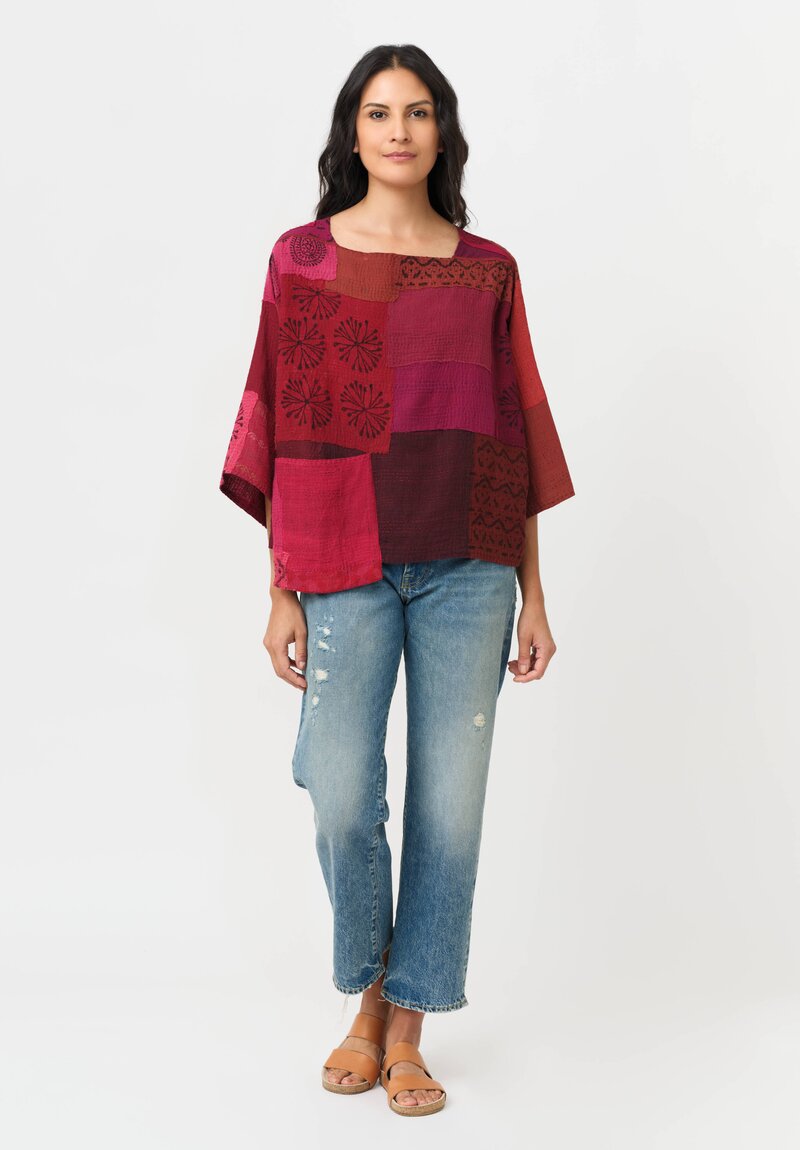 Mieko Mintz Mio Cotton Frayed Patch Kantha Crop Top in Rose, Pink & Plum
