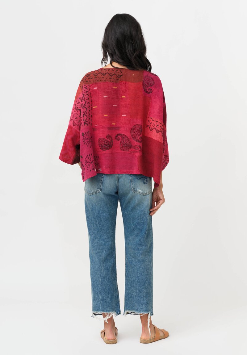 Mieko Mintz Mio Cotton Frayed Patch Kantha Crop Top in Rose, Pink & Plum