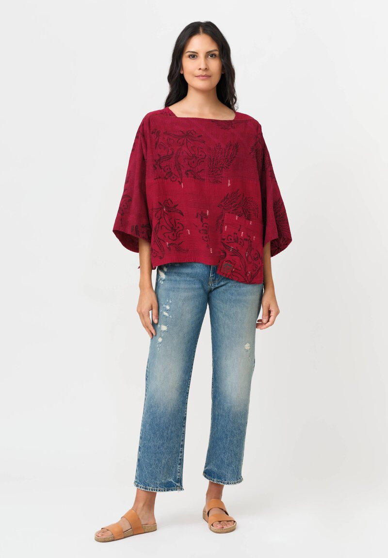 Mieko Mintz Mio Cotton Frayed Patch Kantha Crop Top in Rose, Pink & Plum
