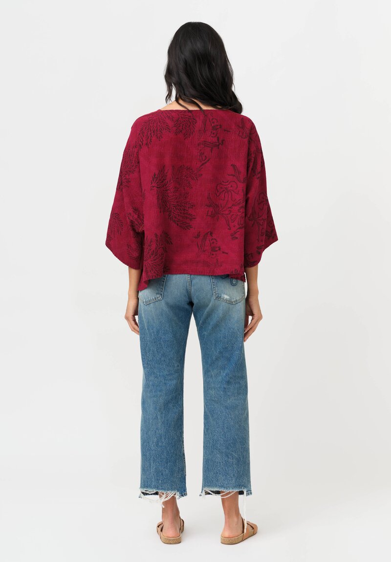 Mieko Mintz Mio Cotton Frayed Patch Kantha Crop Top in Rose, Pink & Plum