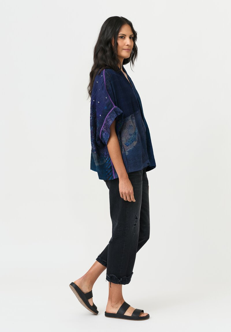 Mieko Mintz Vintage Silk Georgette Kantha Mini Shibori Dyed Poncho Jacket in Navy Blue, Teal & Plum