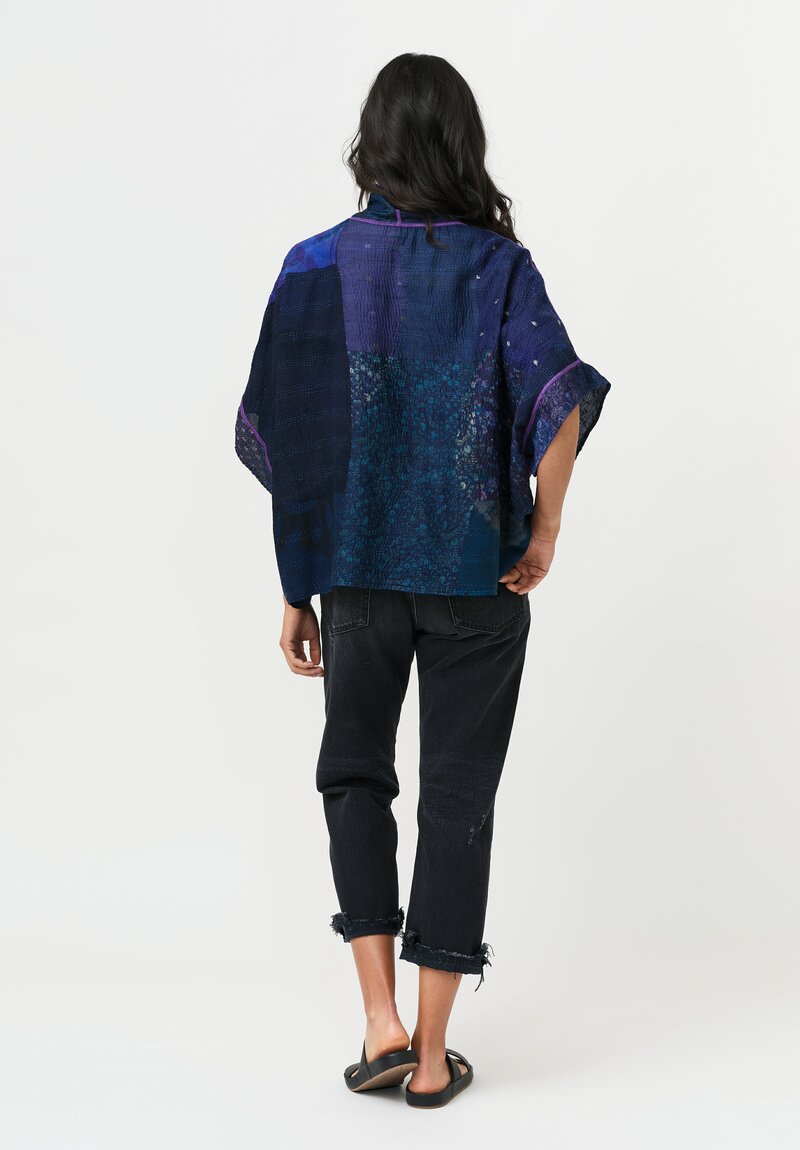 Mieko Mintz Vintage Silk Georgette Kantha Mini Shibori Dyed Poncho Jacket in Navy Blue, Teal & Plum