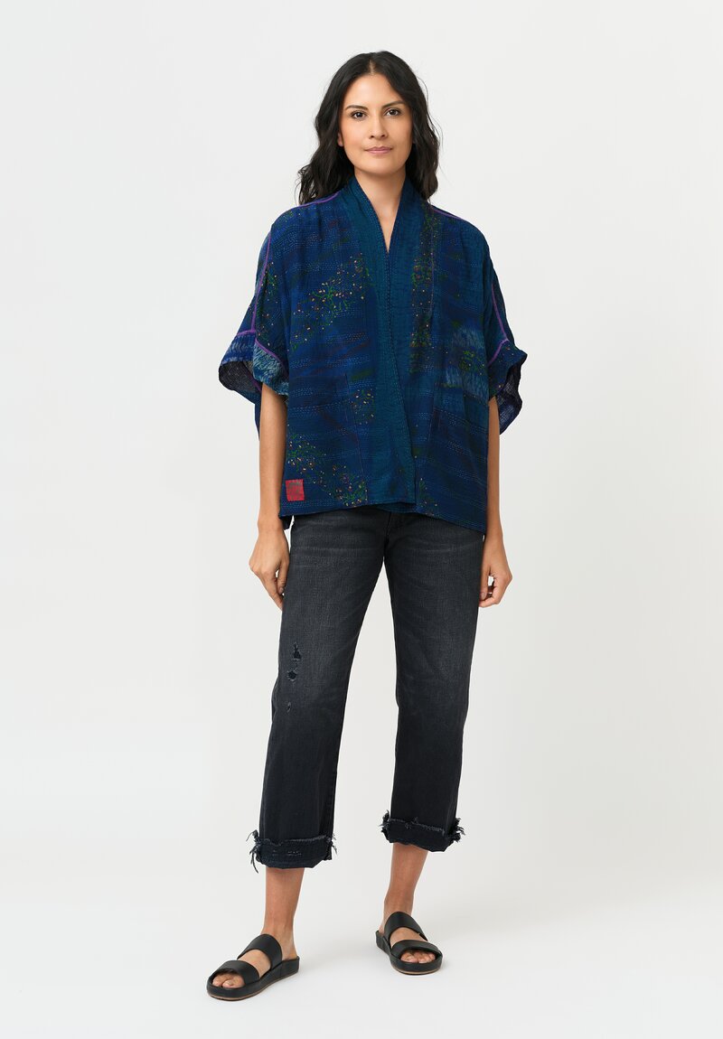 Mieko Mintz Vintage Silk Georgette Kantha Mini Shibori Dyed Poncho Jacket in Navy Blue, Teal & Plum