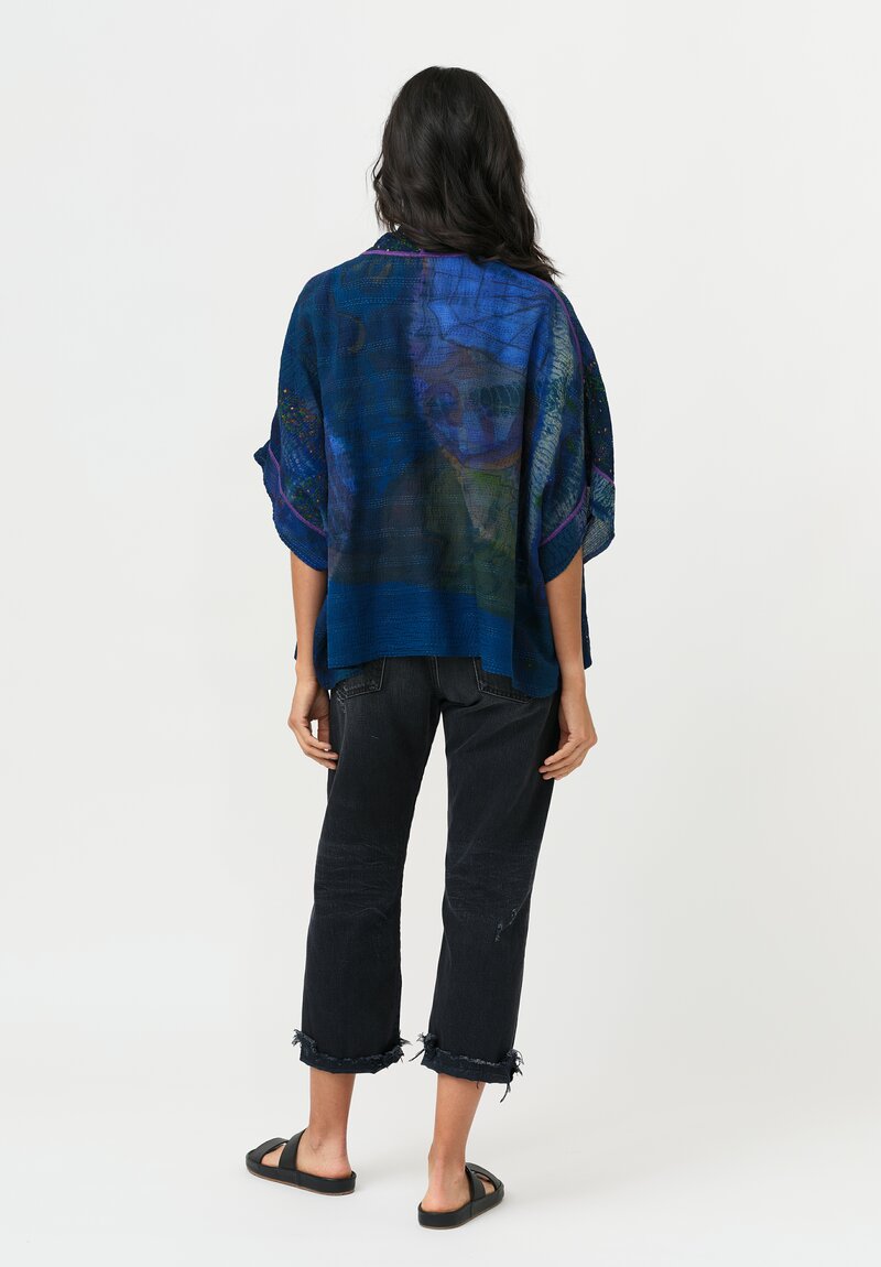 Mieko Mintz Vintage Silk Georgette Kantha Mini Shibori Dyed Poncho Jacket in Navy Blue, Teal & Plum