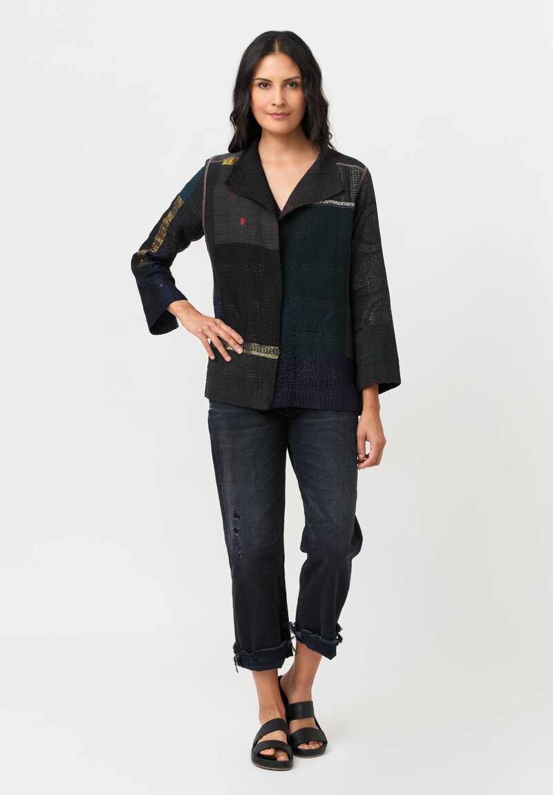 Mieko Mintz Cotton & Silk Brocade Patch Jacket in Grey & Blue