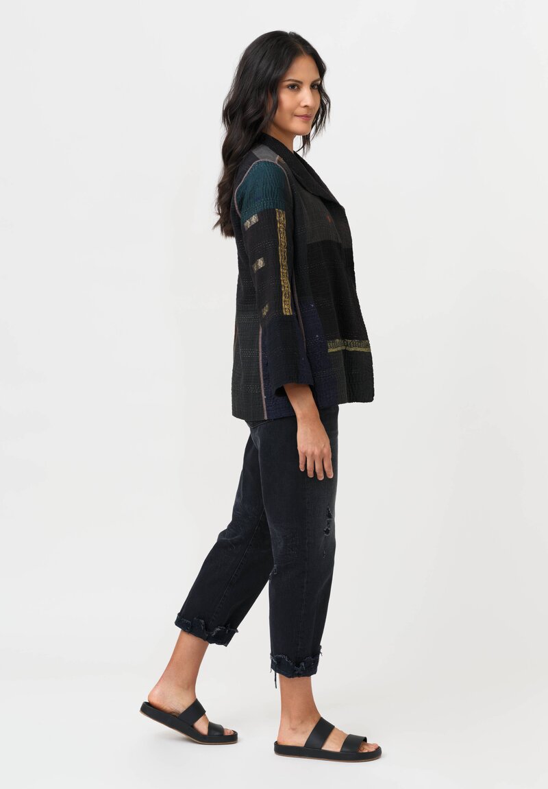 Mieko Mintz Cotton & Silk Brocade Patch Jacket in Grey & Blue