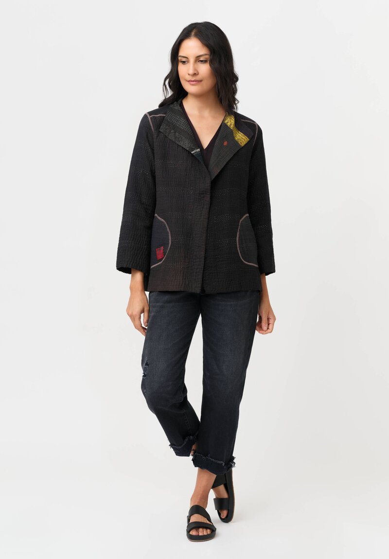 Mieko Mintz Cotton & Silk Brocade Patch Jacket in Grey & Blue