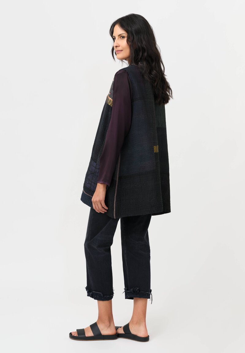 Mieko Mintz Cotton & Silk Patch Kantha Kimono Vest in Grey & Black