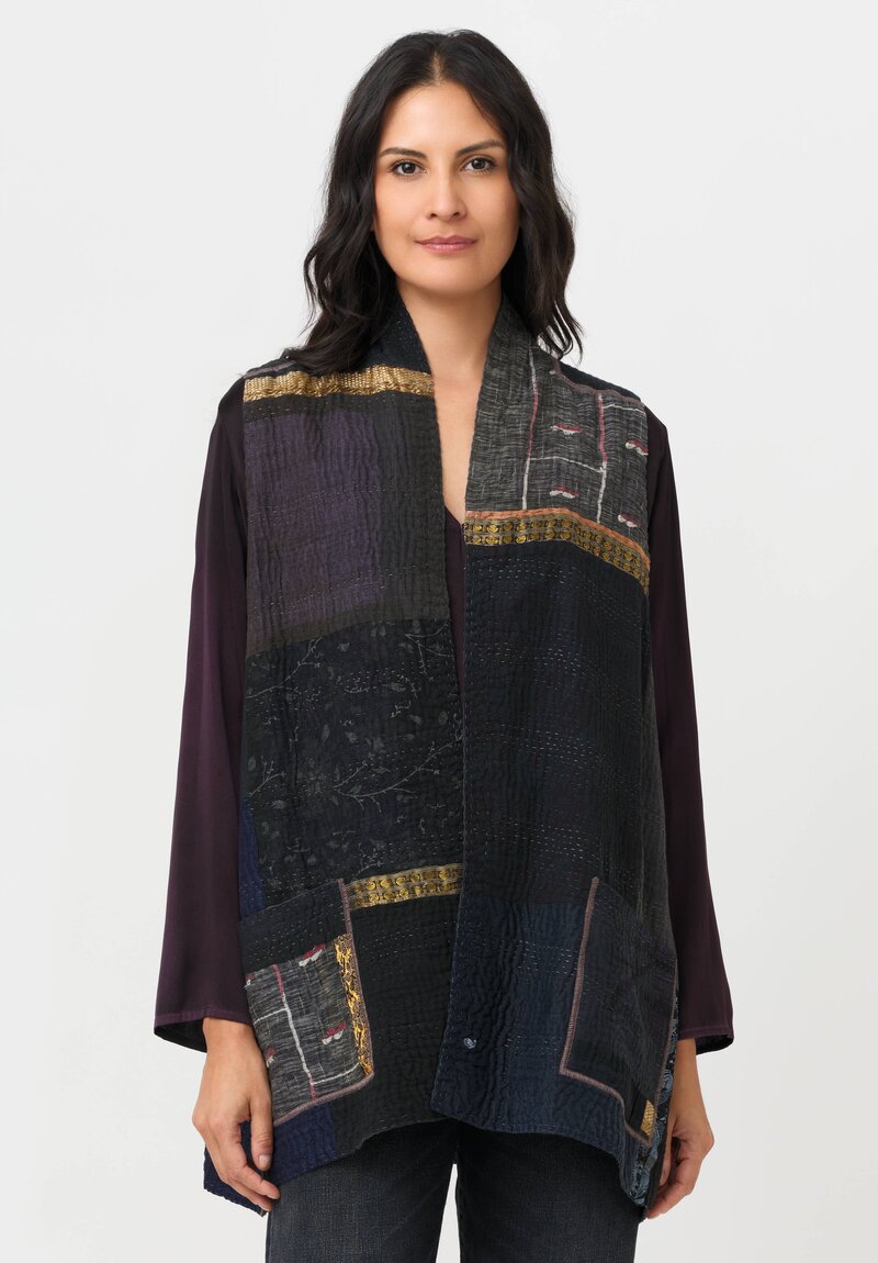 Mieko Mintz Cotton & Silk Patch Kantha Kimono Vest in Grey & Black