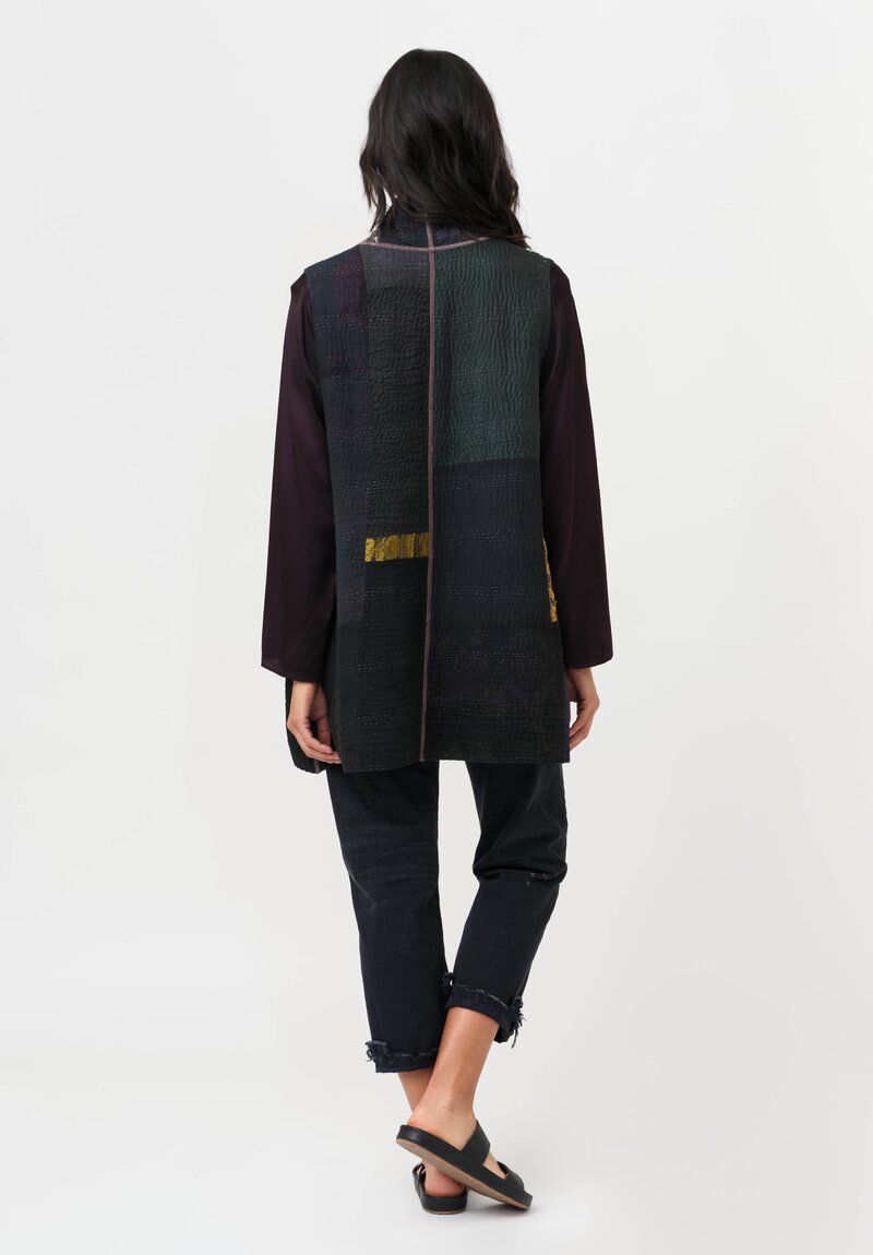 Mieko Mintz Cotton & Silk Patch Kantha Kimono Vest in Grey & Black
