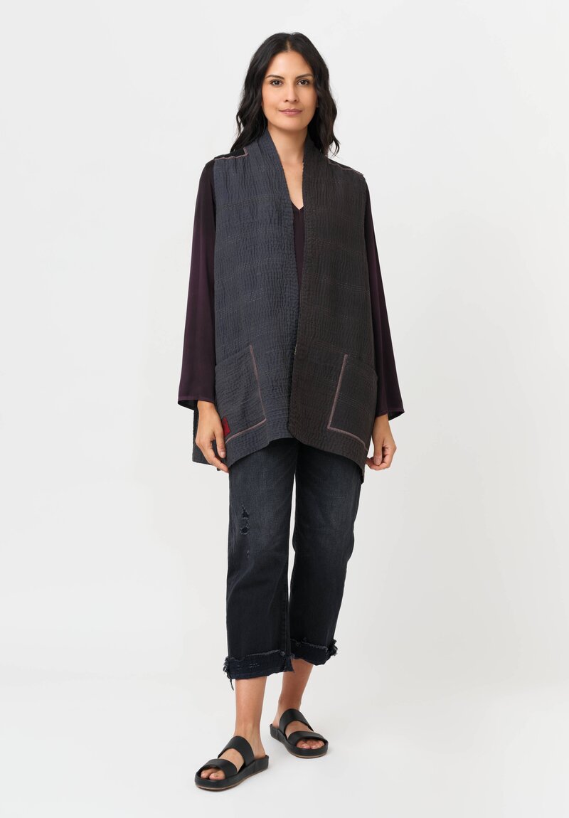 Mieko Mintz Cotton & Silk Patch Kantha Kimono Vest in Grey & Black