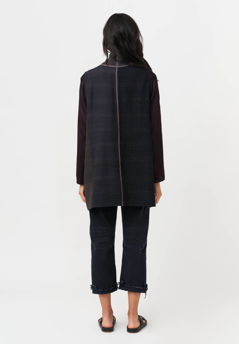 Mieko Mintz Cotton & Silk Patch Kantha Kimono Vest in Grey & Black