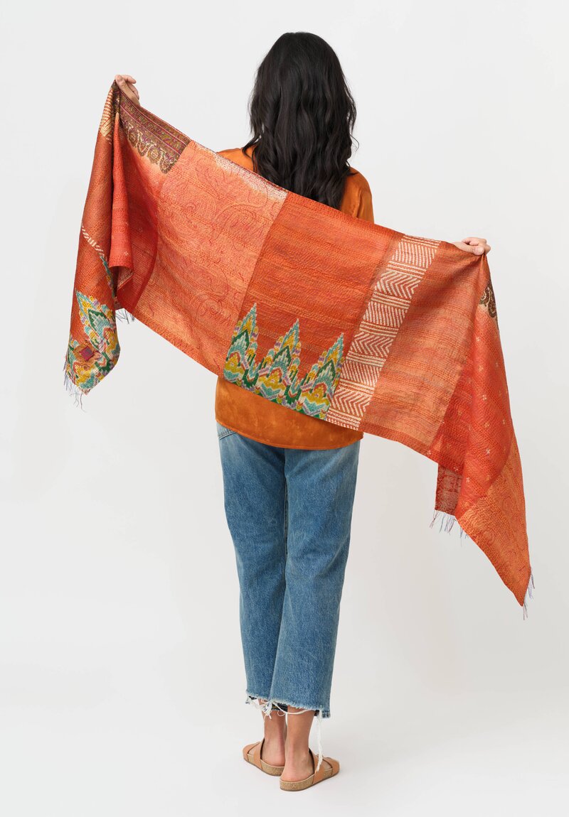 Mieko Mintz 2-Layer Vintage Silk Kantha Standard Scarf Burnt Orange, Rust, Cream