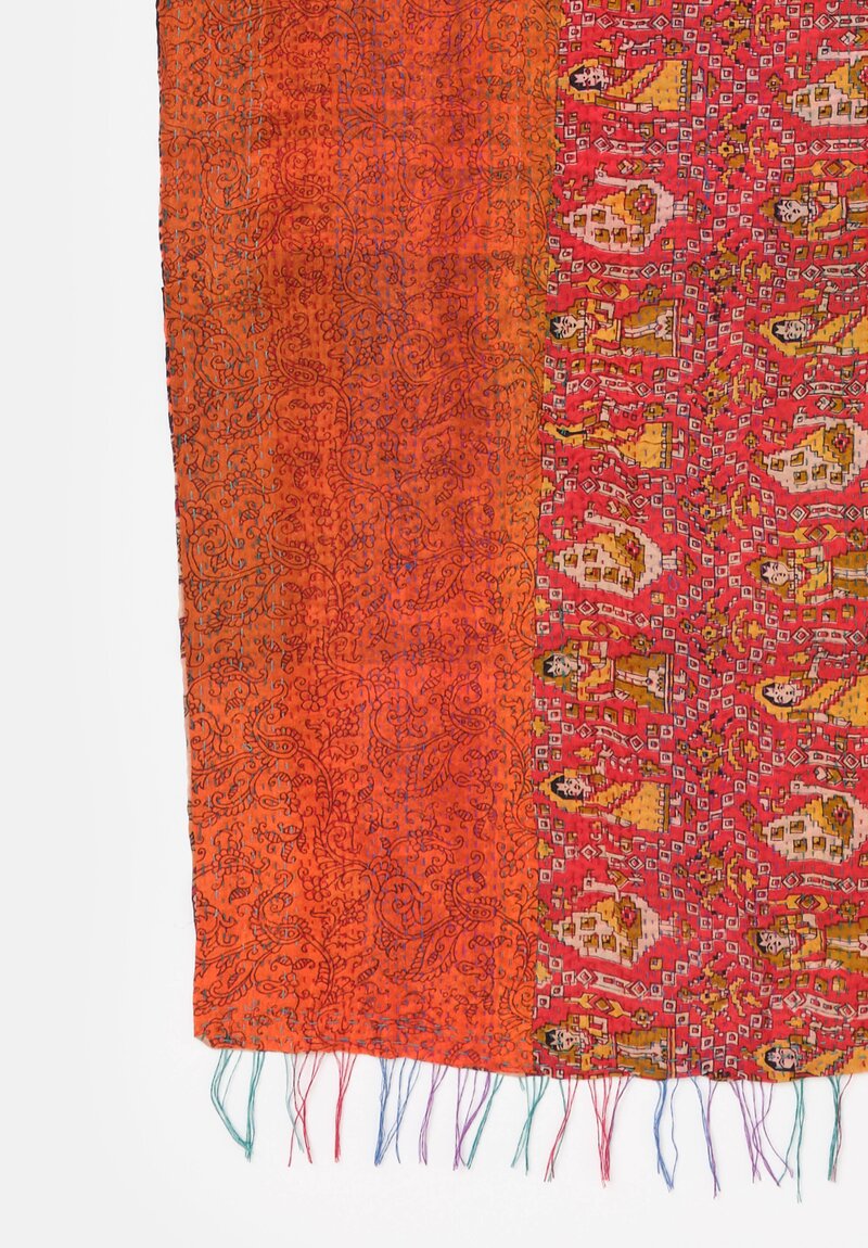 Mieko Mintz Vintage Silk Kantha Scarf in Coral, Salmon & Black