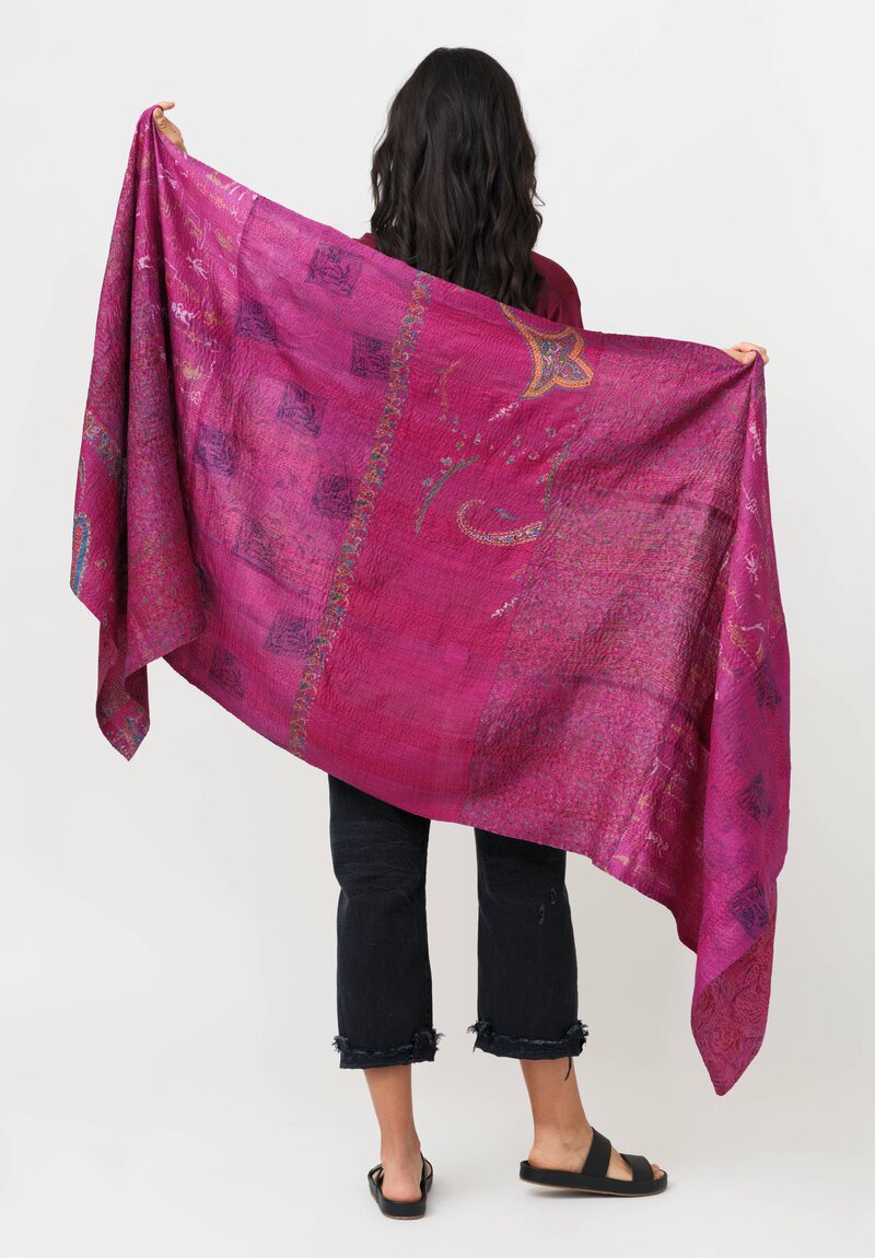 Mieko Mintz 2-Layer Vintage Silk Kantha Large Shawl Magenta, Green, Black