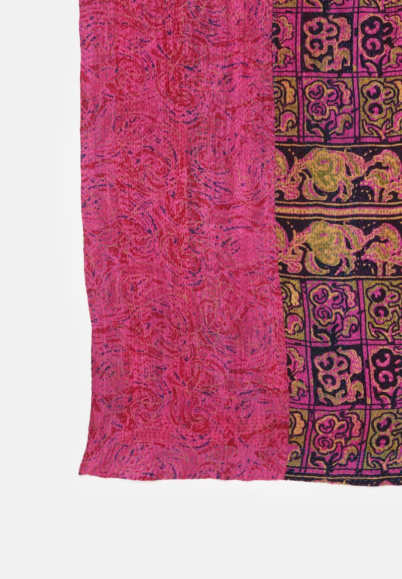 Mieko Mintz 2-Layer Vintage Silk Kantha Large Shawl Magenta, Green, Black